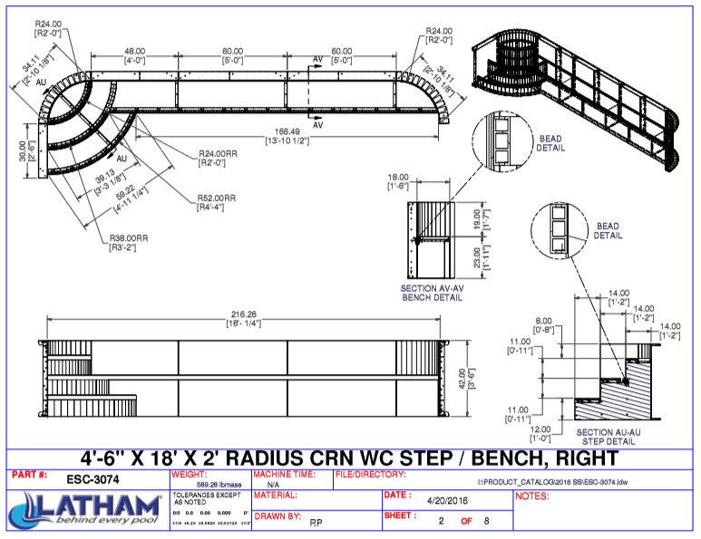 2' Radius Steel Wedding Cake Corner Step 42" w/ Left Bench (18' Wide)